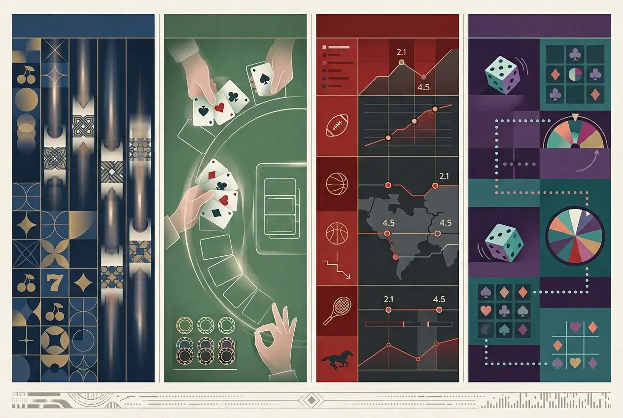 Abstract casino game categories arranged as calm editorial panels